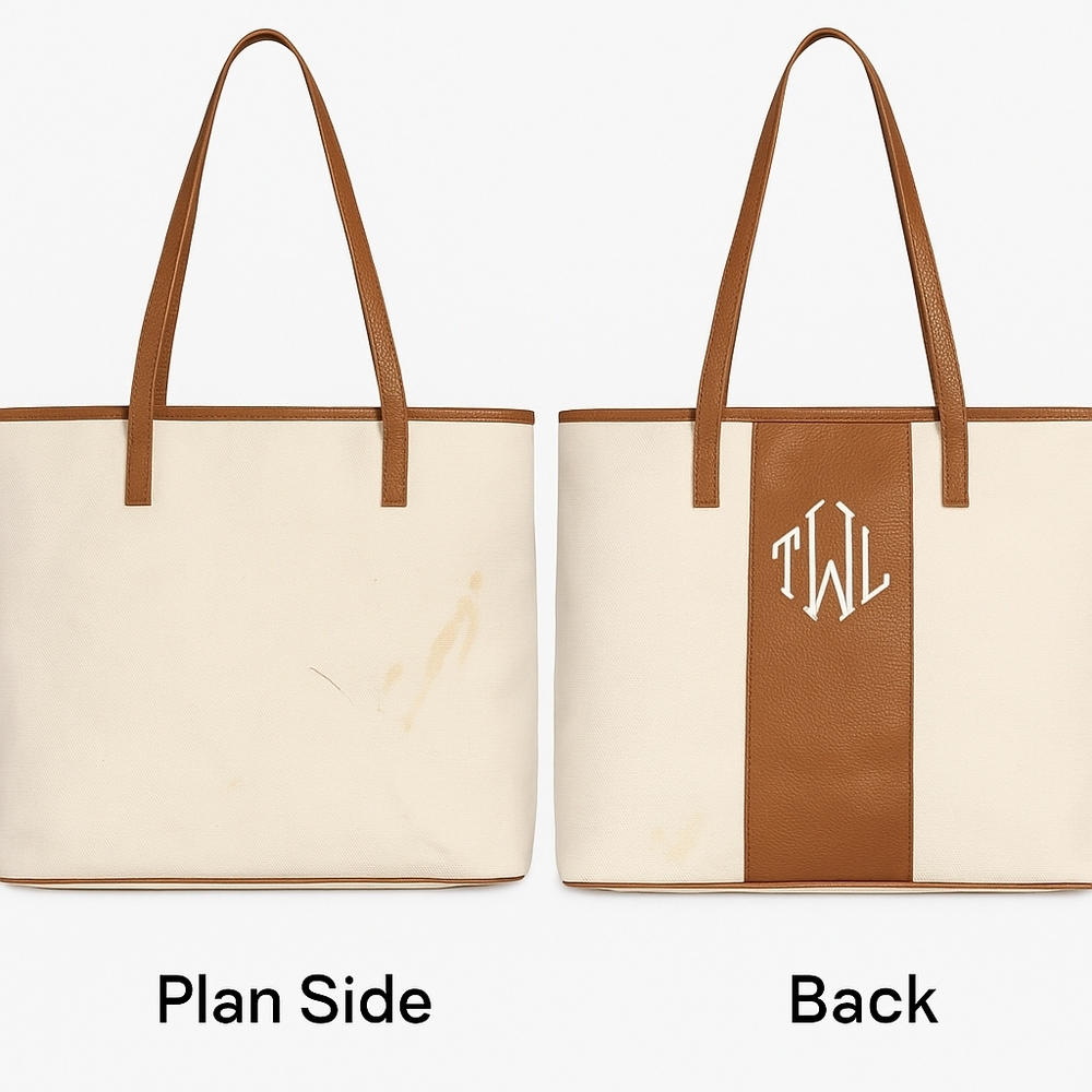 Canvas Tote Bag with Monogram “TWL” – Brown Faux Leather Trim NEW